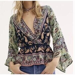 Free People Blouse Top Rosalie Peasant Wrap Boho Retro Hippie Flowy Size XS